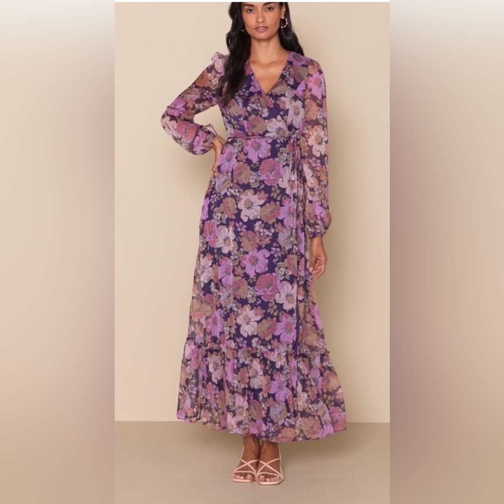 Lulus NWT “Feeling Sweet” Purple Floral Print Long Sleeve Wrap Maxi Dress. Large - Picture 12 of 15